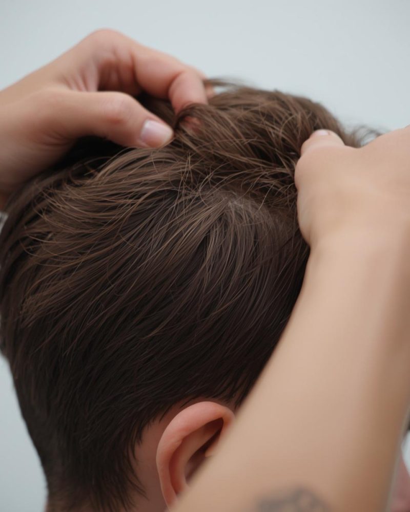 hair wig is getting placed on mans head